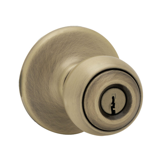 Kwikset 400P-5V1 Polo Knob Entry Door Lock with New Chassis with 6AL Latch and RCS Strike Antique Brass Finish