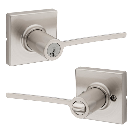 Kwikset 405LRLSQT-15S Ladera Lever with Square Rose Entry Door Lock SmartKey with 6AL Latch and RCS Strike Satin Nickel Finish