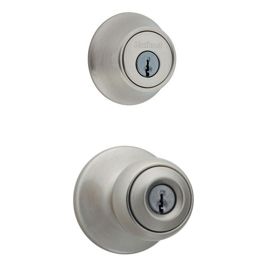 Kwikset 690P-15-B Combo Keyed Entry Polo Knob with Single Cylinder Deadbolt - Box Pack with RCAL Latch and RCS Strike Satin Nickel Finish