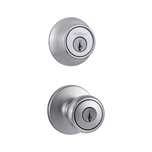 Kwikset 690P-26D-B Combo Keyed Entry Polo Knob with Single Cylinder Deadbolt - Box Pack with RCAL Latch and RCS Strike Satin Chrome Finish