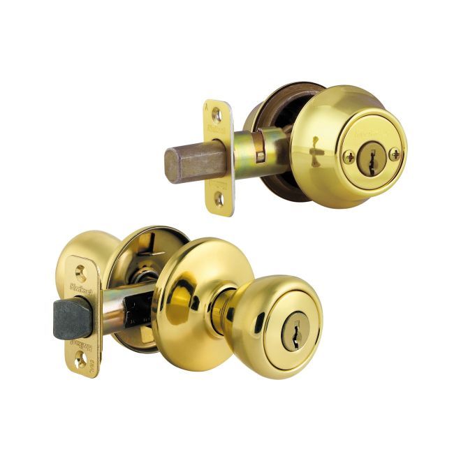 Kwikset 695T-3-B Combo Keyed Entry Tylo Knob with Double Cylinder Deadbolt - Box Pack with RCAL Latch and RCS Strike Bright Brass Finish