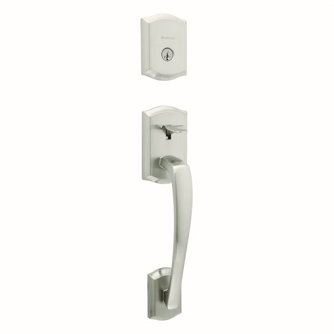 Kwikset 818PTHLIP-15S Single Cylinder Prescott Exterior Handleset with SmartKey with RCAL Latch and RCS Strike Satin Nickel Finish
