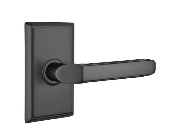 Emtek 8221MUS19LH Milano Lever Left Hand 2-3/8" Backset Privacy with Rectangular Rose for 1-1/4" to 2" Door Flat Black Finish