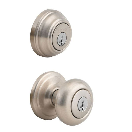 Kwikset 991J-15S-B Combo Juno Knob Entry and Single Cylinder Deadbolt with RCAL Latch and RCS Strike Satin Nickel Finish